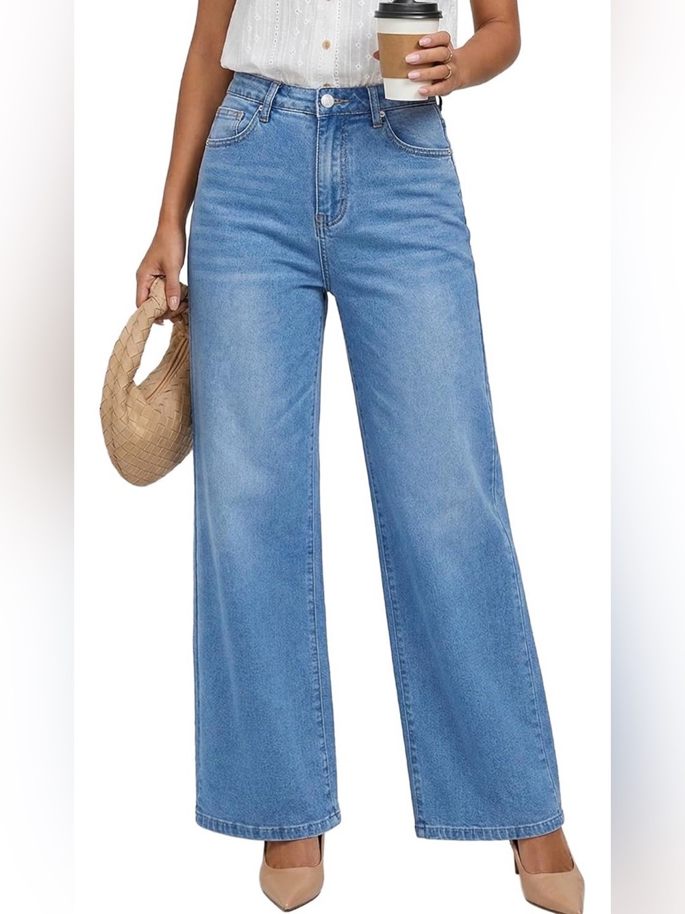 LookbookStore High-Waisted Wide Leg Stretchy Baggy Denim Pants in Medium Blue XL